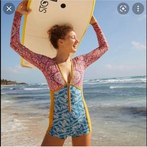 Free People Pink Paisley + Blue Panel Short One-Piece Swimsuit